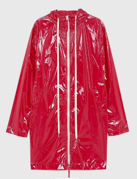 Zara red raincoat Red Raincoat, Warm Red, Rain Wear, Red Leather Jacket, Red Leather, Leather Jacket, Zara, Vinyl, Red