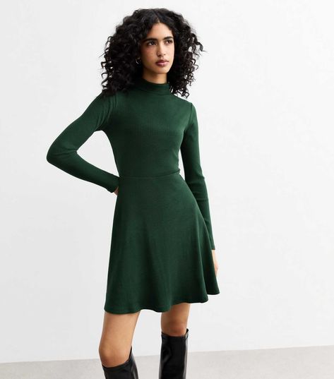 Shop Dark Green Ribbed Roll Neck Mini Skater Dress. Discover the latest trends at New Look. Dark Green Mini Dress, Dark Green Mini Dresses, Mini Skater Dress, Green Mini Dress, Roll Neck, Skater Dress, A Line Skirt, Skirt Length, A Line Skirts