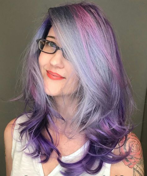 Violet Purple Pink Silver hair Silver Purple Pink Hair, Silver And Purple Hair, Pink Silver Hair, Pink Purple Blue Hair, Purple Underneath Hair, Purple Grey Hair, Pixie Hair, Hair Color Purple, Hair Color Highlights