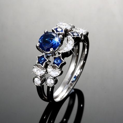 Blue Wedding Rings, Couple Band, Star Theme, Cute Engagement Rings, Magical Jewelry, Women's Rings, Rings Fashion, Silver Wedding Rings, Moon And Star