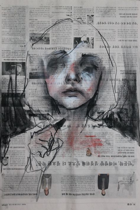 drawings on newspaper by Soul Eom 엄은솔, via Behance Newspaper Art Ideas, Drawing In Newspaper, Newspaper Self Portrait, Newspaper Art Projects, Painting On Newspaper Ideas, Art On Newspaper, Drawing On Newspaper, Painting On Newspaper, Newspaper Drawing