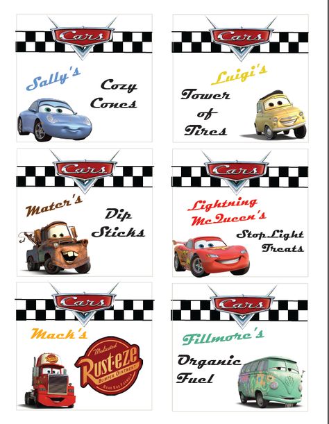 Free Printable - Disney Cars Party Food Labels from Colorado Mountain Mom Lightning Mcqueen Party, Disney Cars Theme, Pixar Cars Birthday, Cars Party Favors, Cars (disney) Party, Cars Birthday Party, Disney Cars Party, Disney Cars Birthday, Cars Birthday Party Disney