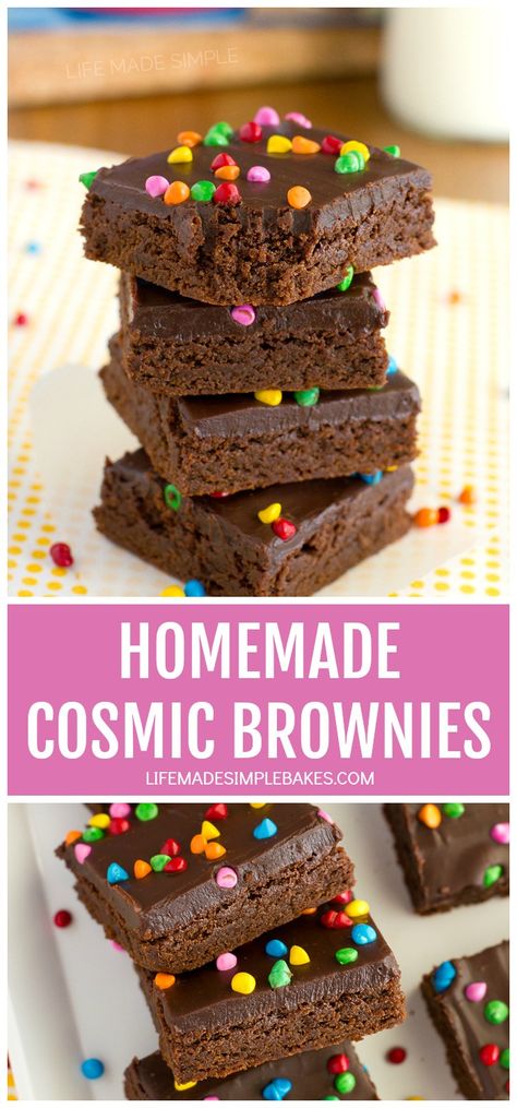 Rich, fudgy, and covered with bright little sprinkles, these homemade cosmic brownies taste just like those coveted lunchbox treats, only better! #cosmicbrownies #brownies #dessert #chocolate #copycatrecipe Homemade Cosmic Brownies, Life Made Simple, Cosmic Brownies, Lunchbox Treats, Little Debbie, Best Brownies, Milk Chocolate Chips, Copycat Recipe, Healthy Homemade