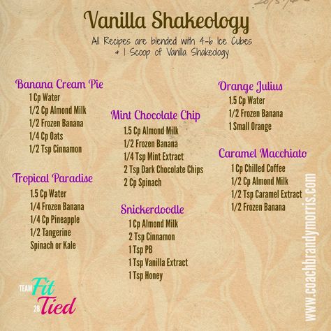 Getting Fit for Good : Vanilla Shakeology Recipes Vanilla Meal Replacement Shakes Recipes, Candy Protein Shakes, Shakeology Smoothie Recipes, Protein Powder Shakes Vanilla, Flavored Protein Shakes, Vanilla Protein Shakes Recipes, Vanilla Protein Powder Drinks, Protein Shake Recipes Vanilla Powder, 310 Shake Recipes Vanilla