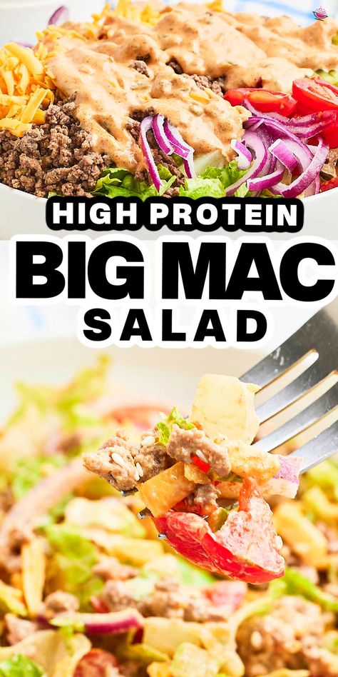 Collage of a closeup of a Big Mac Salad in a white bowl and a forkful of the salad. Cheese Burger Salad Keto, Big Mac Salad Low Carb, Low Carb Big Mac Bowl, Healthy Burger Salad, Big Mac Bowls Keto, Cheese Burger Bowl Recipe, Burger Bowl Salad, Big Mac Salad Bowl, Keto Burger Salad