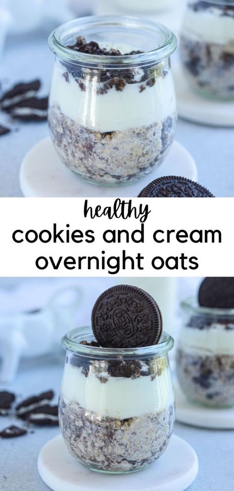 oreo overnight oats in a small tulip jar. Cookies And Cream Overnight Oats, Oreo Overnight Oats, 21 Day Fix Overnight Oats, Overnight Oats Recipe Easy, Best Overnight Oats Recipe, Overnight Oats Recipes, Chocolate Overnight Oats, Overnight Oatmeal Recipes, Oat Recipes Healthy