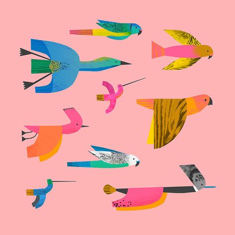 Natasha Durley, Doodle Cards, Illustration Kunst, Birds Art, Quirky Illustration, Flying Birds, Bird Art Print, Pink Bird, Screenprinting