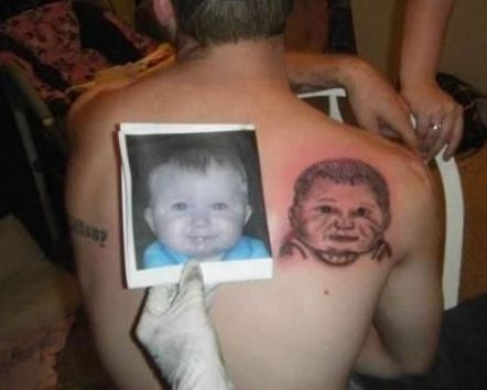 Either a really ugly child, or a really ugly tattoo. It may be a little bit of both. Tatoo Fail, Bad Portrait Tattoos, Worst Tattoos Ever, Ugly Tattoos, Tattoos Gone Wrong, Horrible Tattoos, Worst Tattoos, Funny Tattoo, Tattoo Portrait