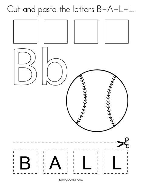 Cut and paste the letters B-A-L-L Coloring Page - Twisty Noodle Letter B Homework For Preschool, B Is For Baseball, Letter B Worksheets For Preschool, The Alphabet Letters, Letter B Worksheets, Worksheet For Preschool, Alphabet Letter Activities, Coloring Pages For Teenagers, Kids Handwriting Practice