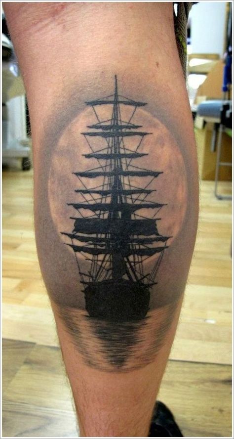 Ocean Tattoos and Other Nautical Inspiration to Ink Your Body with the Seven Seas ... Boat Tattoo, Pirate Tattoo, Water Tattoo, Ocean Tattoos, Nautical Tattoo, Silhouette Tattoos, Ship Tattoo, Calf Tattoo, Wolf Tattoos