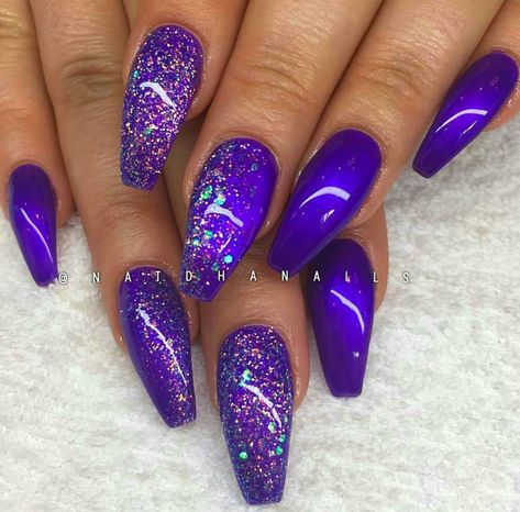 Mermaid Color Nails, Purple Sparkle Nails, Purple Sparkly Nails, Nail Square, Purple Glitter Nails, Purple Nail Art, Purple Acrylic Nails, Purple Nail Designs, Purple Nail