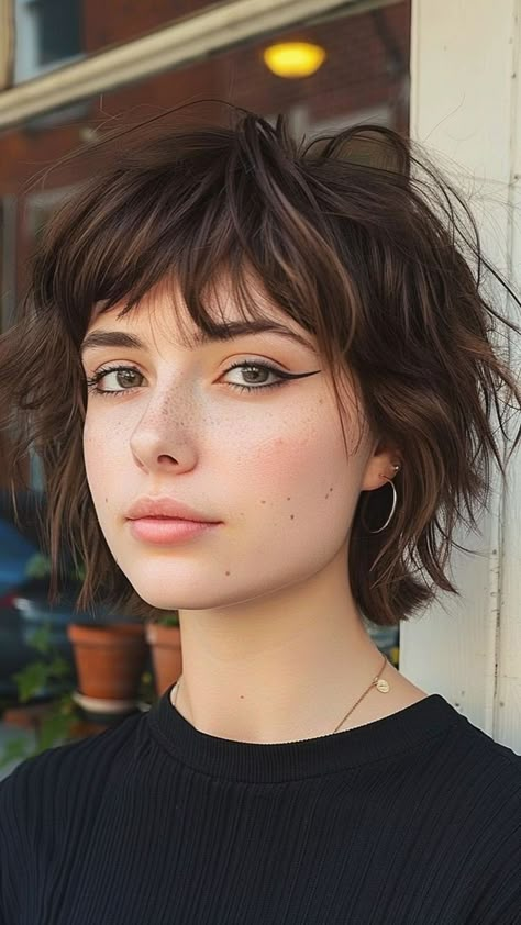 Fringe Layered Bob, Cute Shaggy Hairstyles, Short Layered Bangs Haircut, Short Haircuts For Women Layered, Curtain Bangs Shag Haircut Short, Short Shag Oval Face, Chin Length Mullet Women, Pixie Hairstyles For Oval Faces, Short Whimsical Hair