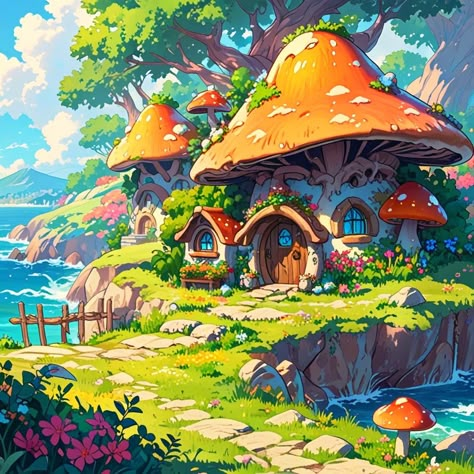 Mushroom House Art, Cottage Concept Art, Japanese Farm, Stylized Forest, Fantasy Treehouse, Magical Village, Old Tavern, Mushroom World, Stylized Environment