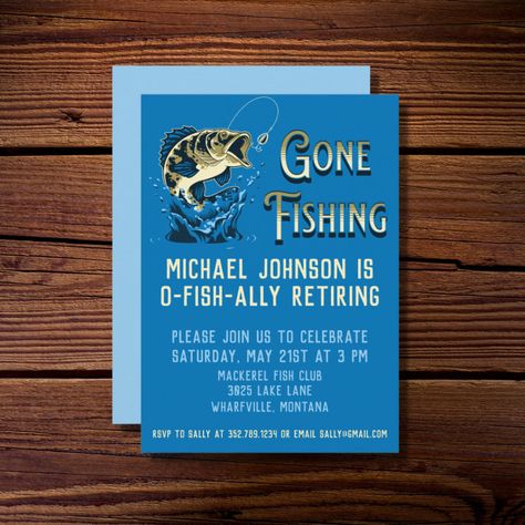 Fish Retirement Party Ideas, Fishing Retirement Party, Fishing Theme Retirement Party, Fishing Retirement Party Plates, Fishing Theme Party Invitations, Police Invitation, Police Retirement Party, Fishing Invitations, Mackerel Fish