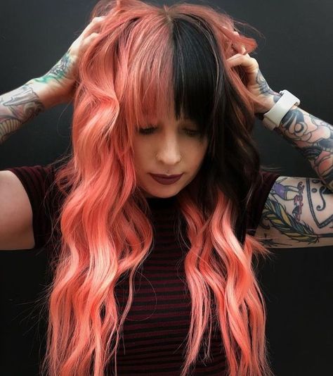 Hairstylist Inspiration, Two Color Hair, Color Block Hair, Pink And Black Hair, Coral Hair, Split Dyed Hair, Hair Dye Ideas, Creative Hair Color, Peach Hair