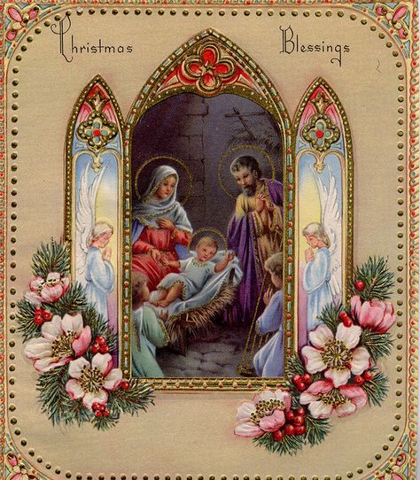 the Nativity.  this reminds me of a card my grandmother would have loved. Images Noêl Vintages, Vintage Christmas Images, Old Christmas, Religious Christmas, Birth Of Jesus, Old Fashioned Christmas, Christmas Past, Christmas Scenes, Holy Family