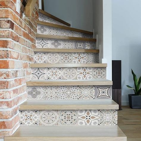 Amazon.com: funlife 14 PCS Self Adhesive Stair Stickers, Peel and Stick Vinyl Stair Risers Staircase Murals Decals Sticker Decor for Steps, 39.37"x7.09", Moroccan Pattern : Tools & Home Improvement Stair Tiles, Vinyl Stair Risers, Tiled Staircase, Vinyl Stairs, Stair Decals, Marble Aesthetic, Stairs Renovation, Rustic Stairs, Stair Riser Decals