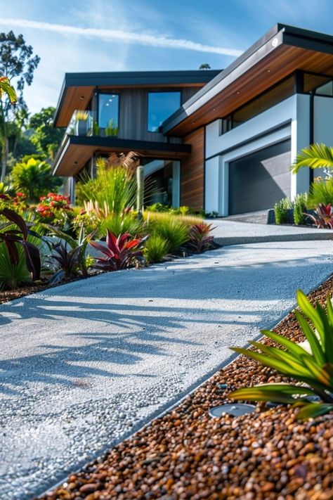 Creative Sloped Driveway Ideas for Your Home Slope Driveway Ideas, Circular Driveway On A Slope, Sloping Driveway Ideas, Sloped Driveway Solutions, Driveway Slopes Toward House, Driveway Materials, Balcony Bar, Driveway Lighting, Industrial Minimalist