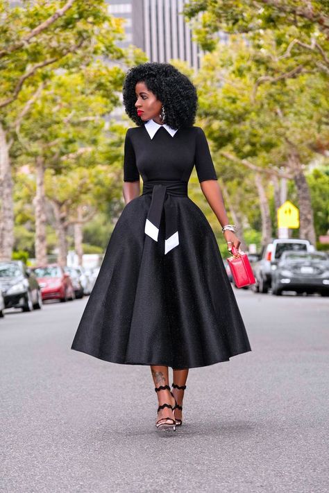 Black & White Contrast 50s Midi Dress 50s Fashion Black Women, Black Women Church Fashion, Vintage Dresses 40s, Church Outfits Black Women, Black Tie Attire, African Blouses, Black Women Dress, Style Pantry, Designer Midi Dresses