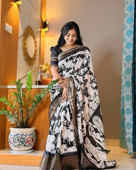 New launching soft butter dola silk saree with very smooth fabric and attractive black and white combination cow design all over the body and kalamkari pallu with jequard border and sequence work lace border with blouse now at just 😀₹700+shipping. For orders contact what's app no-93454#7049 Black And White Saree, Dola Silk Saree, Kalamkari Blouse, Model Blouse, Latest Model Blouse Designs, Cow Design, White Saree, Kalamkari Saree, Blouse Models