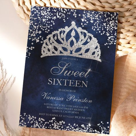 Silver glitter navy photo sparkles tiara Sweet 16 for $2.80 - Birthday Invitations Sweet 16 Birthday Party Zazzle, Navy Blue And Silver Invitations, Sweet 16 Party Ideas Dark Blue, Blue Sweet 16, Typography Invitation, Theme Dark, Sweet Sixteen Birthday Party Ideas, 16 Invitations, Quinceanera Planning