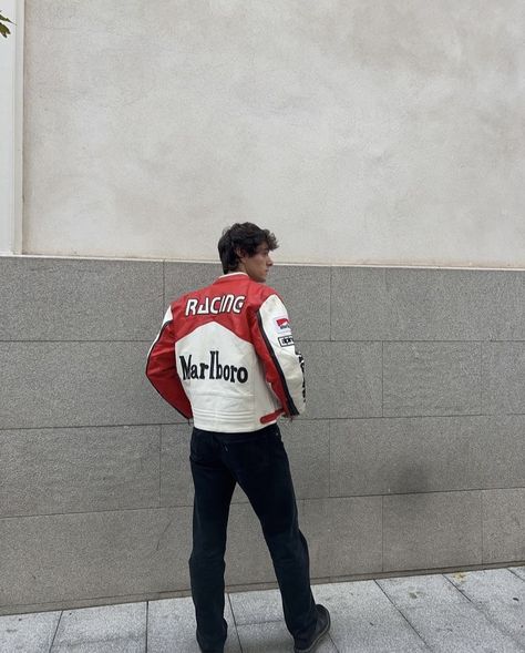 Leather Racer Jacket Men Outfit, F1 Outfit Men, Racing Jacket Outfit Men, Sports Jacket Outfit Men, Race Jacket Outfit, Motorsport Outfit, F1 Fits, Varsity Jacket Outfit Mens, Motorsport Fashion