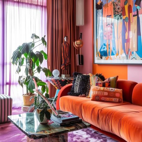 Who’s says Orange and purple…and red can’t go together #colorindesign #aiinteriors Lavender And Orange Living Room, Purple And Orange Living Room, Orange And Purple Room, Pink And Orange Living Room, Orange And Purple Home Decor, Red And Purple Interior Design, Red Orange Purple Living Room, Orange And Purple Curtains Living Rooms, Orange Couch