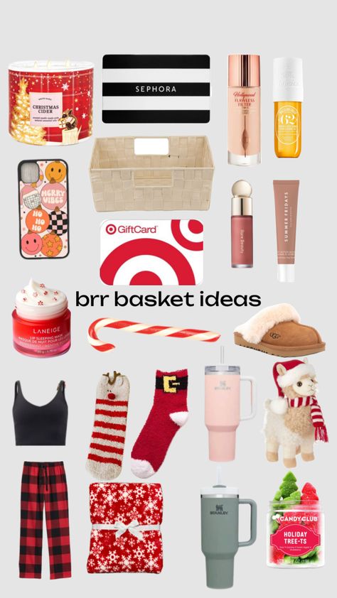 brr basket ideas 🎄🎅 Brr Basket Ideas Christmas, Brr Baskets Ideas, New Years Basket Ideas, Cute Cheap Christmas Gifts For Friends, Bur Basket Ideas Cheap, Brrrr Basket Ideas, Berr Basket Ideas, Cheap Friend Christmas Gifts, But Basket Ideas