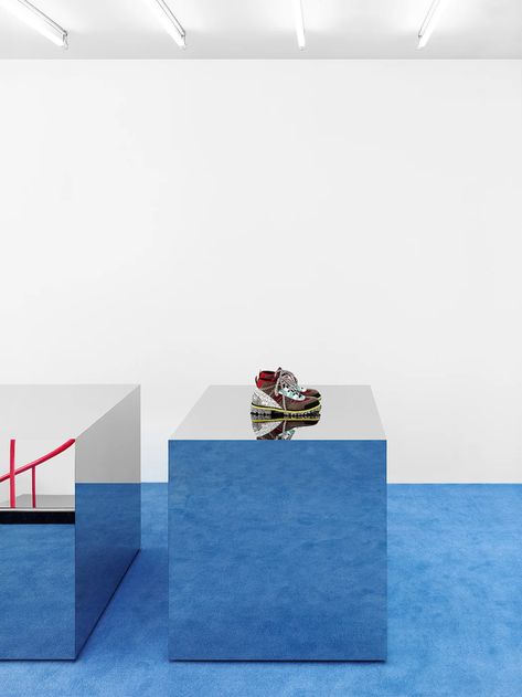 Acne Studios Store Design, Acne Studios Store, Acne Store, Red Stairs, Jonny Johansson, Store Mirror, Mirror Interior Design, Mirror Floor, Blue Interior Design