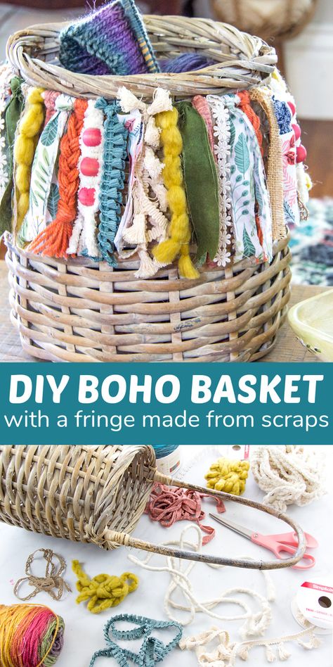 Diy Auction Items Crafts, Boho Storage Ideas, Diy Boho Decor Ideas Crafts, Boho Home Diy, Diy Boho Basket, Boho On A Budget, Basket Upcycle, Boho Porch, Boho Storage