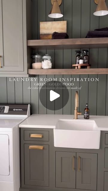 Erica Soutar | Neutral Home Decor on Instagram: "Laundry room FAQs:

•Custom color from the cabinet company. Similar to SW Cast Iron or SW Forestwood. 
•Floating shelves were ordered through our cabinet company.
•Cabinet Company - @durasupreme 
•Cabinetry Designer - @brattdesigns 

If you want a link to our washer/dryer, lighting, handles, sink & faucet comment DETAILS below. 

https://liketk.it/55X5a
.
.
.
#modernfarmhouse #custombuild #laundryroom #laundryroomlayout #laundryroomdecor" Sw Cast Iron, Sw Forestwood, Home Decor Laundry Room, Laundry Room Layouts, Laundry Room Inspiration, Neutral Home Decor, Neutral Home, Laundry Room Decor, Washer Dryer