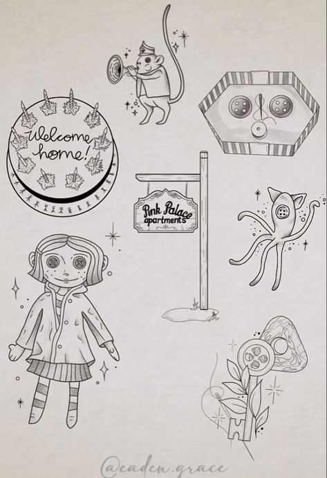 Fine Line Coraline Tattoo, Dainty Coraline Tattoo, Mr Bobinsky Tattoo, Coraline Flash Sheet, Coraline Fine Line Tattoo, Coraline Cake Tattoo, Coraline Quote Tattoo, Coraline Squid Tattoo, Coraline Mouse Tattoo