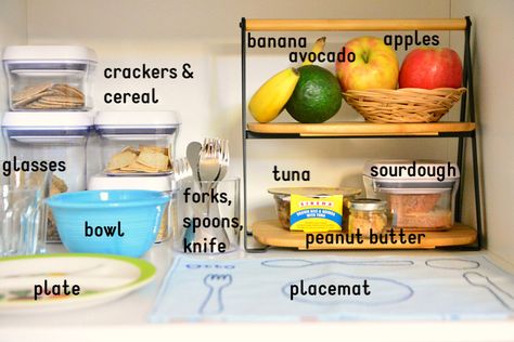 Montessori Snack Station, Montessori Home Setup, Snack Cupboard, Little Spaces, Toddler Snack, Toddler Utensils, Snack Station, Hand Juicer, Toddler Kitchen