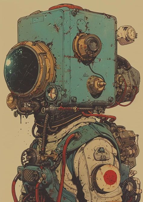 Sci Fi Drawing, Mechanical Illustration, Sci Fi Steampunk, Punk Character Design, Cats In Ancient Egypt, Steampunk Robot, Cyborgs Art, Retro Robot, Alien Concept Art