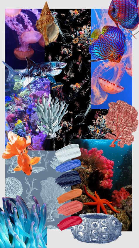 Under the Sea! #printinspo #underthesea #oceanaesthetic #oceanprints #jellyfishprint #coralprint Sea Themed Mood Board, Sea Life Mood Board, Under The Sea Mood Board, Marine Moodboard, Under The Sea Photography, Under The Sea Aesthetic, Sea Moodboard, Mood Png, Life Under Water