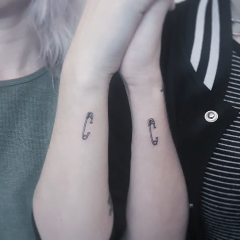 safety pin matching tattoo Artist: @sherriaustria Paperclip Tattoo Meaning, Matching Punk Tattoos, Safety Pin Tattoo Meaning, Match Stick Tattoo, Thread Tattoo, Safety Tattoo, Safety Pin Tattoo, Pin Tattoo, Barcode Tattoo