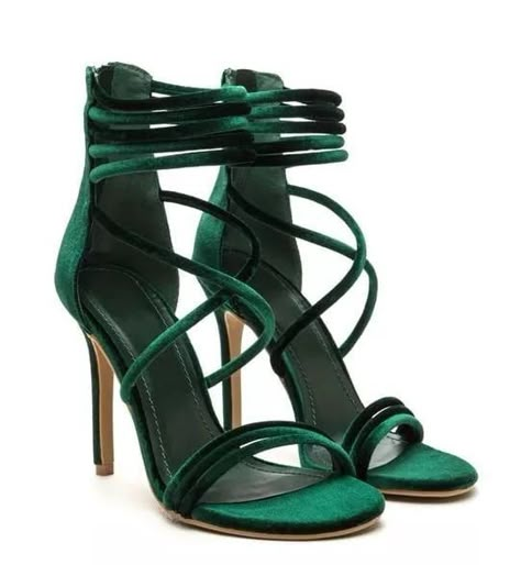 Green High Heels, Heels Aesthetic, Shoes Heels Classy, Prom Heels, Green Heels, Strappy Stilettos, Velvet Heels, Heels Classy, Ankle Wrap