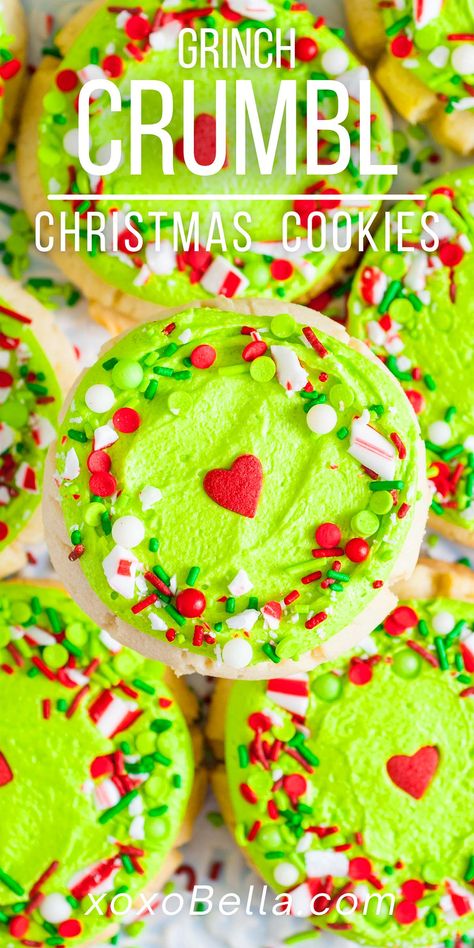 Crumbl Christmas sugar cookies are wonderfully sweet sugar cookies with hints of almond and vanilla extract in every bite. These copycat Crumbl cookies are similar to the ones you can get at the Crumbl bakery but you can have fun making them yourself at home and not having to drive to the store. This cute vanilla sugar cookie recipe is decorated with Christmas themed frosting and sprinkles, making them perfect for the festive season. Grinch Crumbl Christmas sugar cookies are wonderfully sweet. Grinch Christmas Cookies Recipes, Grinch Chocolate Chip Cookies, The Grinch Cookies Recipe, Easy Grinch Cookies Recipe, Grinch Cookie Recipe, Christmas Grinch Cookies, Holiday Crumbl Cookies, Home Made Christmas Cookie Recipe, Perfect Christmas Cookies