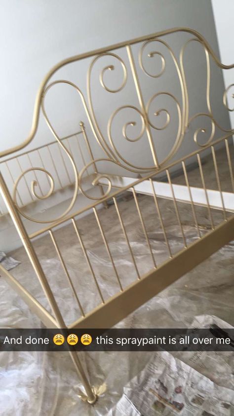 My ikea leirvik spray painted gold Painted Ikea Bed Frame, Gold Wire Bed Frame, Ikea Bed Leirvik, Spray Paint Metal Bed Frame, Leirvik Bed Hack, Ikea Leirvik Bed Inspiration, Leirvik Bed Ideas Bedrooms, Leirvik Bed Ideas, Ikea Queen Bed Frame