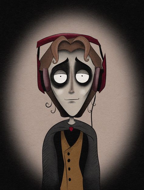 Illustrated character in a Tim Burton style, wearing a cape and headphones. Teenage wizard character drawing. Procreate digital artist. Wizard Character, Tim Burton Style, Drawing Procreate, Style Character, Digital Designer, Animation Artwork, Tim Burton, Visual Artist, Character Drawing