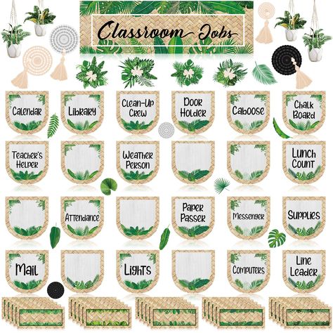 PRICES MAY VARY. Simply Boho Mini Bulletin Board Sets: you will get 101 pieces of classroom jobs chart cutout, including 1 piece of classroom jobs title (consisting of 2 parts, need DIY), 4 tassels, 4 hanging planters, 6 paper fan cutouts, 4 large leafy greenery cutouts, 8 assorted leaves cutouts, 17 titled job signs cutouts, 7 blank job signs cutouts, 50 student labels cutouts, coming with 200 glue point dots, which make those classroom bulletin board set suitable for decorating the wall and bu Classroom Helper Chart, Eucalyptus Classroom, Classroom Jobs Chart, Leaves Cutout, First Day Of School Classroom, Rainforest Classroom, Helper Chart, Classroom Job Chart, Plants Classroom