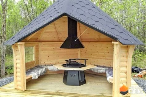 Bbq Hut, Wooden Cabin, Outdoor Fireplace Designs, Outdoor Shelters, Outdoor Kitchen Plans, Backyard Pavilion, Outdoor Stairs, Fire Pit Designs, Backyard Fire