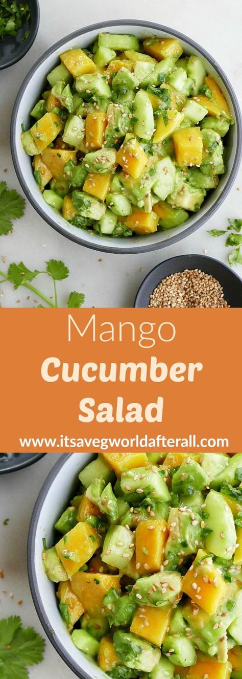 Mango Cucumber Salad - a light and refreshing summer salad with mangoes, cucumber, and avocados. Topped with a honey lime juice dressing! This simple salad is sure to be a hit. Healthy Cookout Food, Mango Cucumber Salad, Avocado Cucumber Salad, Honey Lime Dressing, Cucumber Salad Recipe, Avocado Cucumber, Mango Avocado, Cucumber Avocado, Healthy Vegetable Recipes