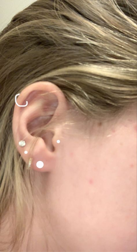 4 lobe piercins (2 small studs, 2 hoops), helix (small hoop), tragus (tiny stud) Ear Piercing Layout, Piercing Layout, Piercing Inspo, Tiny Studs, Ear Piercing, Tragus, Helix, Ear Piercings, Piercings