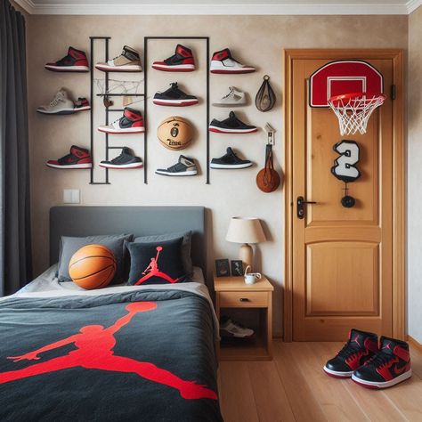 Sneakerhead Bedroom, Jordan Boys, Teen Boy Bedroom, Wall Drawing, Boy Bedroom, Boys Bedrooms, Kids Jordans, Teen Boy, Boy's Bedroom