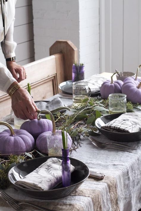 Inspired by chive blossoms and lavender painted pumpkins. Diy Thanksgiving Centerpieces, Purple Tablecloth, Chive Blossom, Fall Purple, Rustic Thanksgiving, Purple Candles, Purple Table, Thanksgiving Table Decor, Purple Pumpkin