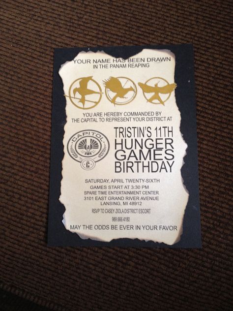 Hunger Games Birthday Invitation Hunger Games Party Invitations, Hunger Games Invitations, Quarter Quell Ideas, Hunger Games Birthday Party, Hunger Games Birthday, Hunger Games Crafts, Hunger Games Party, Quarter Quell, Halloween Invite