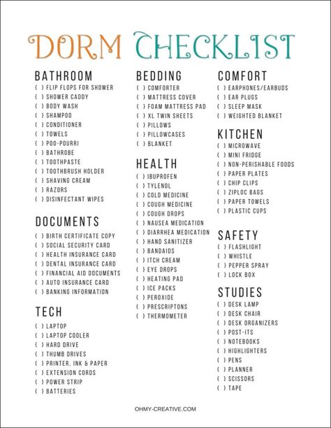 Getting ready to send your child to college? One of the first things that are helpful is a College Packing List Free Printable or checklist. OHMY-CREATIVE.COM | #college #collegechecklist #collegedormlist #dorm Checklist For College, Packing List Free Printable, College Dorm List, Dorm List, College Packing List, Dorm Packing, Dorm Necessities, College Dorm Checklist, Dorm Checklist