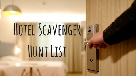 If you're planning a hotel scavenger hunt, here's a free printable list with 10 items for players to find & 10 questions for them to answer Hotel Photo Scavenger Hunt, Hotel Scavenger Hunt For Kids, Hotel Scavenger Hunt For Teenagers, Hotel Scavenger Hunt, Masquerade Gala, Nye Games, Hotel Games, Scavenger Hunt Riddles, Scavenger Hunt List