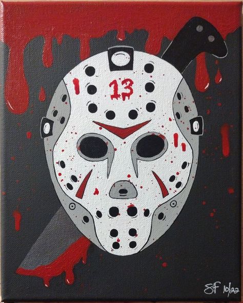 Jason mask canvas painting. Size 8x10. All my paintings are sealed with a gloss varnish to preserve the painting. Jason Mask Painting, Scary Movie Canvas Painting, Jason Voorhees Painting Canvas, Jason Pumpkin Painting, Jason Painting Canvas, Jason Voorhees Pumpkin Painting, Jason Mask Drawing, Painting Ideas Horror, Easy Painting Ideas On Canvas Halloween